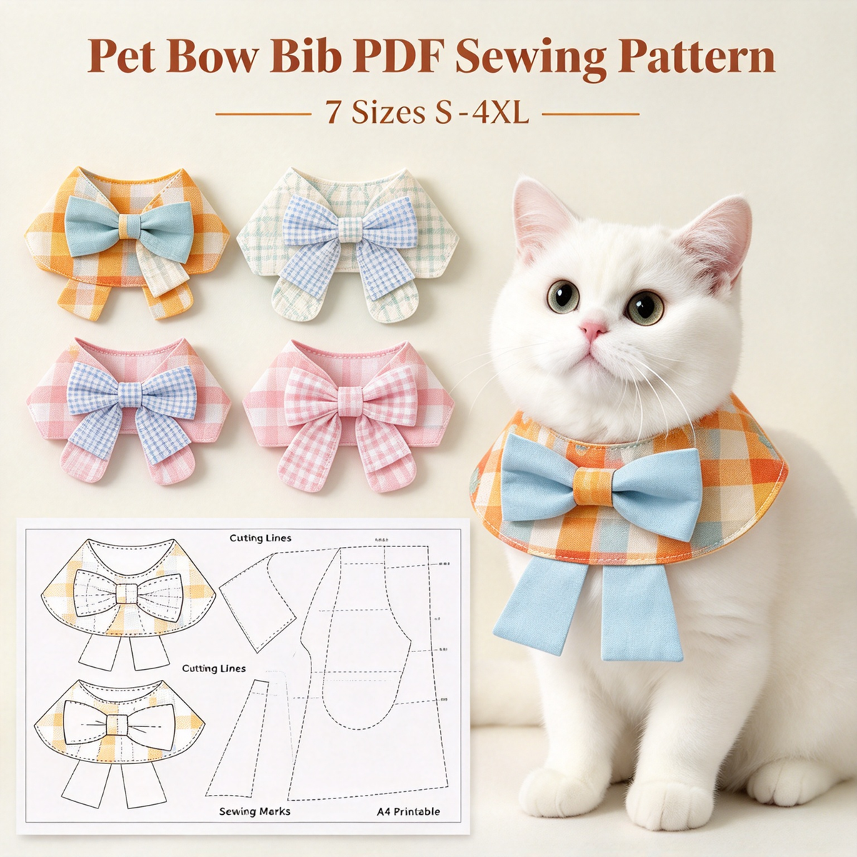 Pet Bow Tie Cape Bib Sewing Pattern PDF with Sewing Tutorial | Dog & Cat Bandana Collar Sewing Template, XS to 5XL Multi Sizes, Instant Download Printable Sewing Pattern