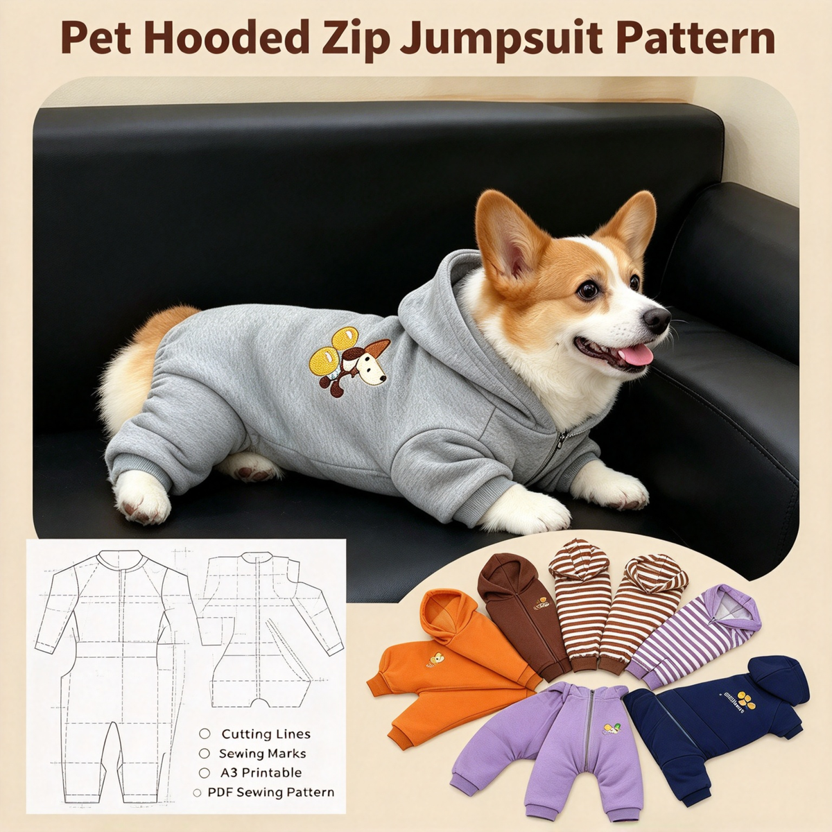 Pet Hooded 4-Leg Jumpsuit & Matching Bib PDF Sewing Pattern | S-4XL, Inch & Pound Size Chart, A3 Printable, Step-by-Step Sewing Tutorial for Dogs & Cats