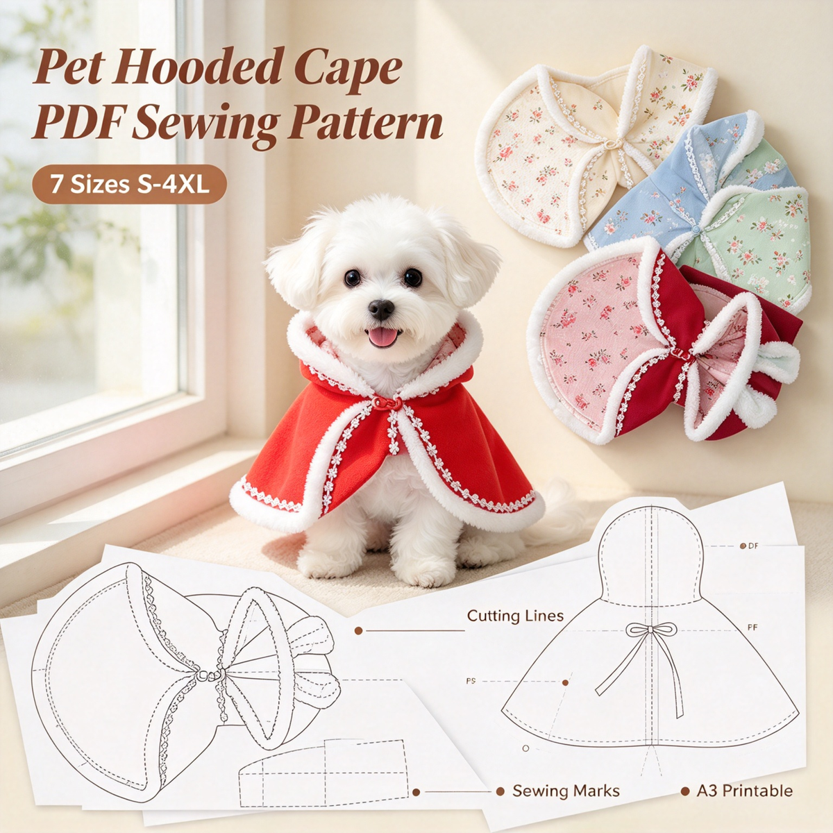 Pet Hooded Cape PDF Sewing Pattern, 7 Sizes S–4XL, Inch & Pound Size Chart, A3 Printable, Step-by-Step Sewing Tutorial, Dog Cat Clothes Sewing Pattern