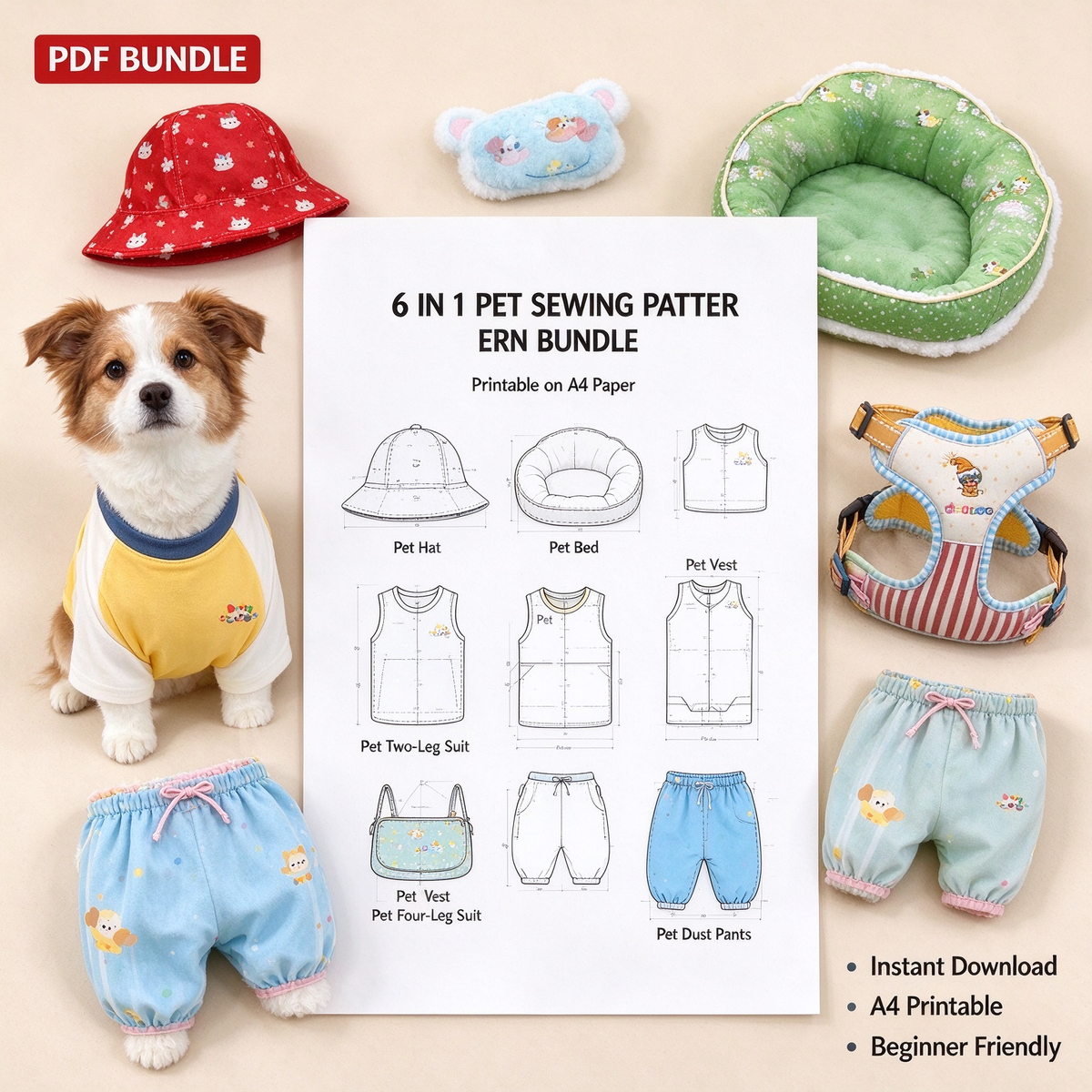 Complete Full Pet Outfit Wardrobe Bundle | Pet JK Academy Uniform + Ultimate Pet Sewing Pattern Pack | 10 Complete Styles, PDF, Full Sizes, A4 Printable, Instant Download | Hat, Bandana, Harness, 2 Pet Beds, T-Shirts, Vest, Dust Pants & Pet Dresses
