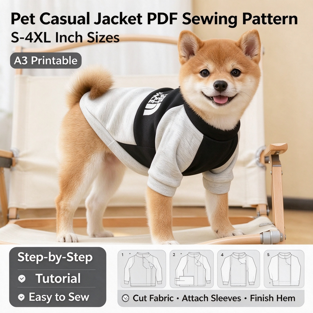 Pet Sweatshirt PDF Sewing Pattern | S-4XL Sizes, A3 Printable, Step-by-Step Sewing Tutorial, Dog Clothes Sewing Template in Inches