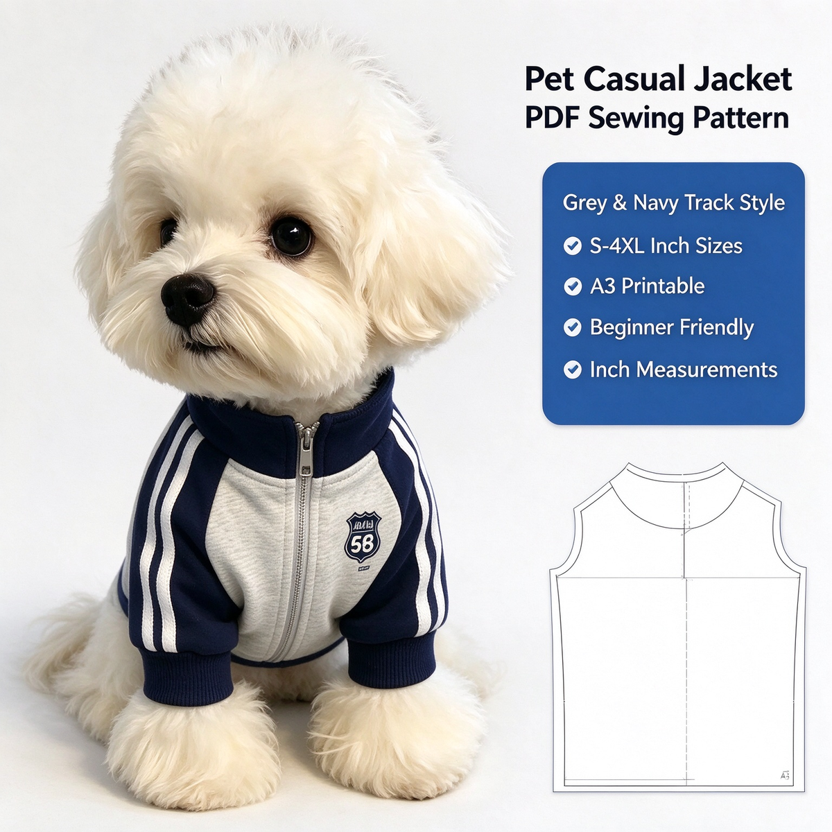 Pet School Uniform Sweatshirt PDF Sewing Pattern | S-4XL Inch Sizes, A3 Printable, Step-by-Step Sewing Tutorial, Digital Dog Coat Pattern