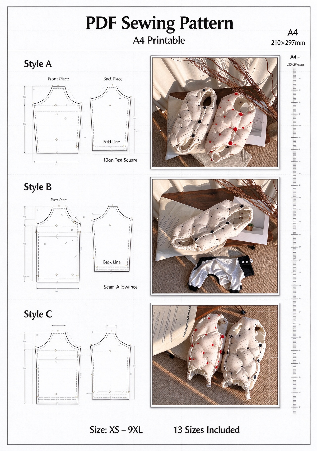 Pet Puff Quilted Bodysuit Vest Sewing Pattern XS-9XL | PDF+PLT Sewing Tutorial, A4 Printable Dog Winter Warm Coat Pattern