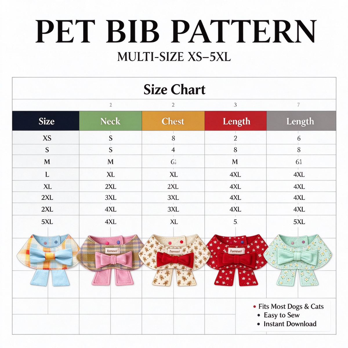 Pet Bow Tie Cape Bib Sewing Pattern PDF with Sewing Tutorial | Dog & Cat Bandana Collar Sewing Template, XS to 5XL Multi Sizes, Instant Download Printable Sewing Pattern