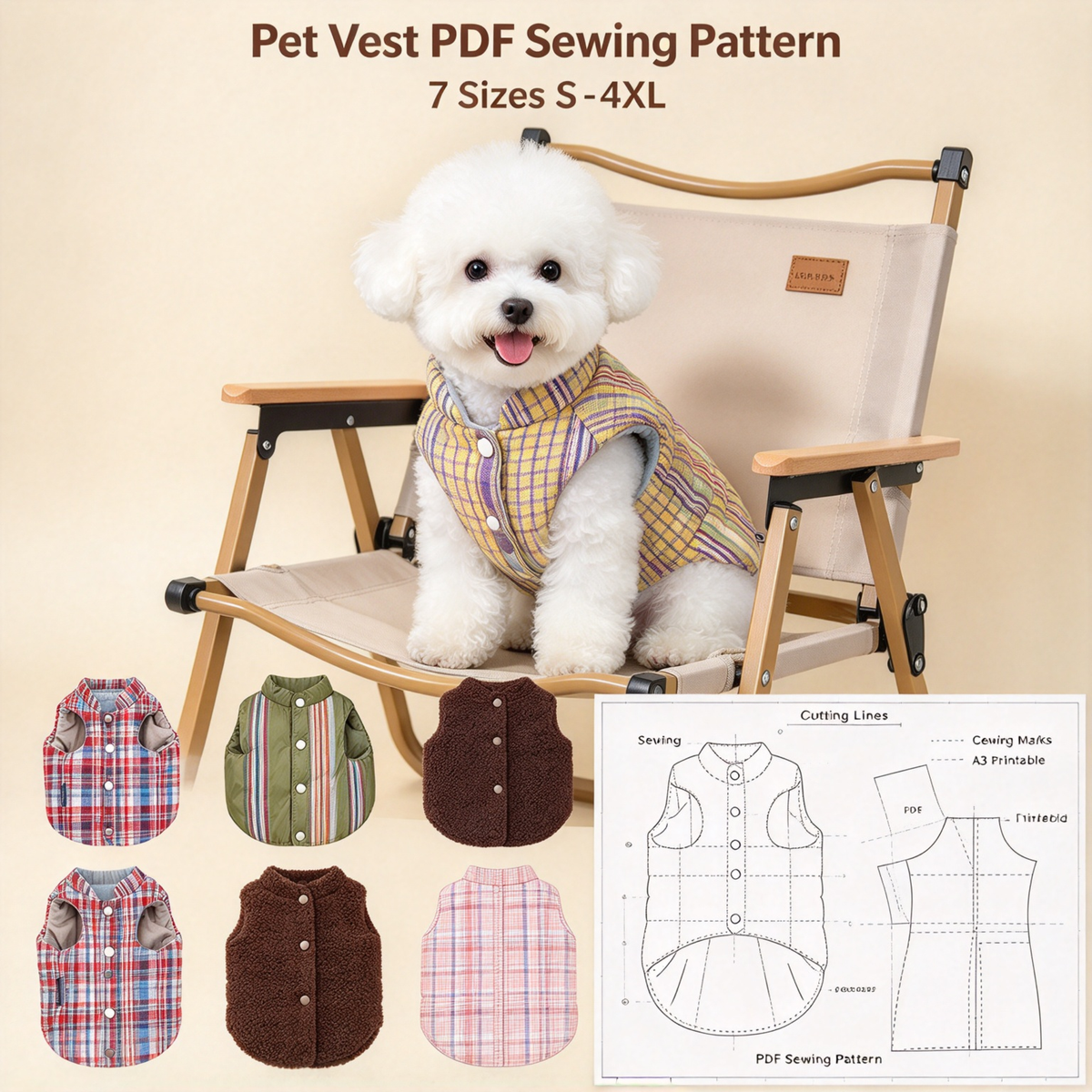 Printable PDF Sewing Pattern for Pet Vest, 7 Sizes S to 4XL, A3 Paper Printing, Full Step-by-Step Sewing Tutorial Included