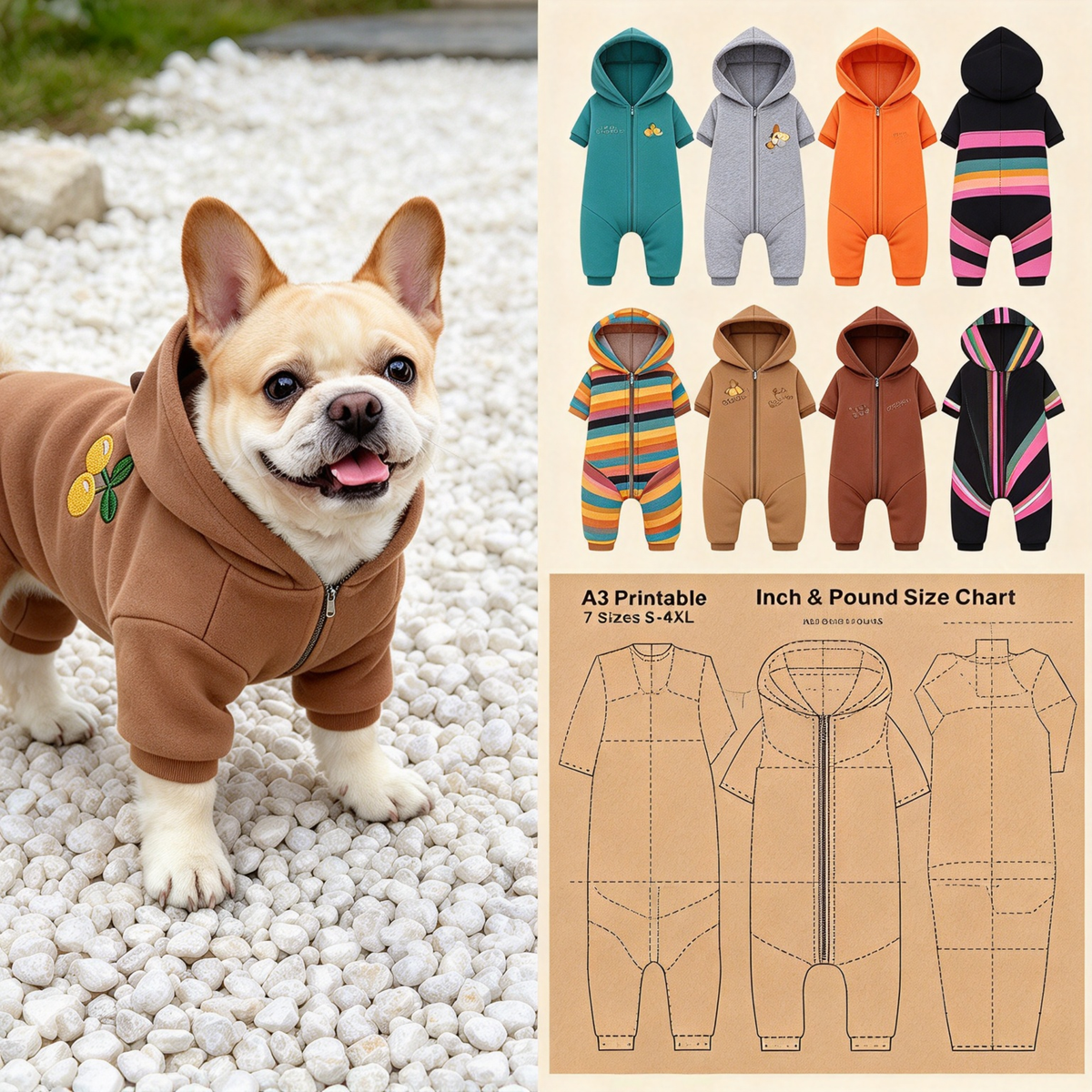 Pet Hooded 4-Leg Jumpsuit & Matching Bib PDF Sewing Pattern | S-4XL, Inch & Pound Size Chart, A3 Printable, Step-by-Step Sewing Tutorial for Dogs & Cats