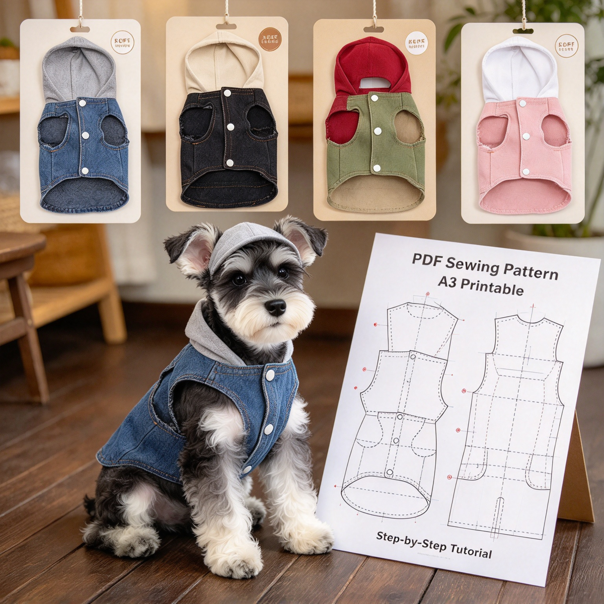 Printable PDF Sewing Pattern for Hooded Denim Pet Vest, 7 Sizes S to 4XL, A3 Paper Printing, Full Step-by-Step Sewing Tutorial Included
