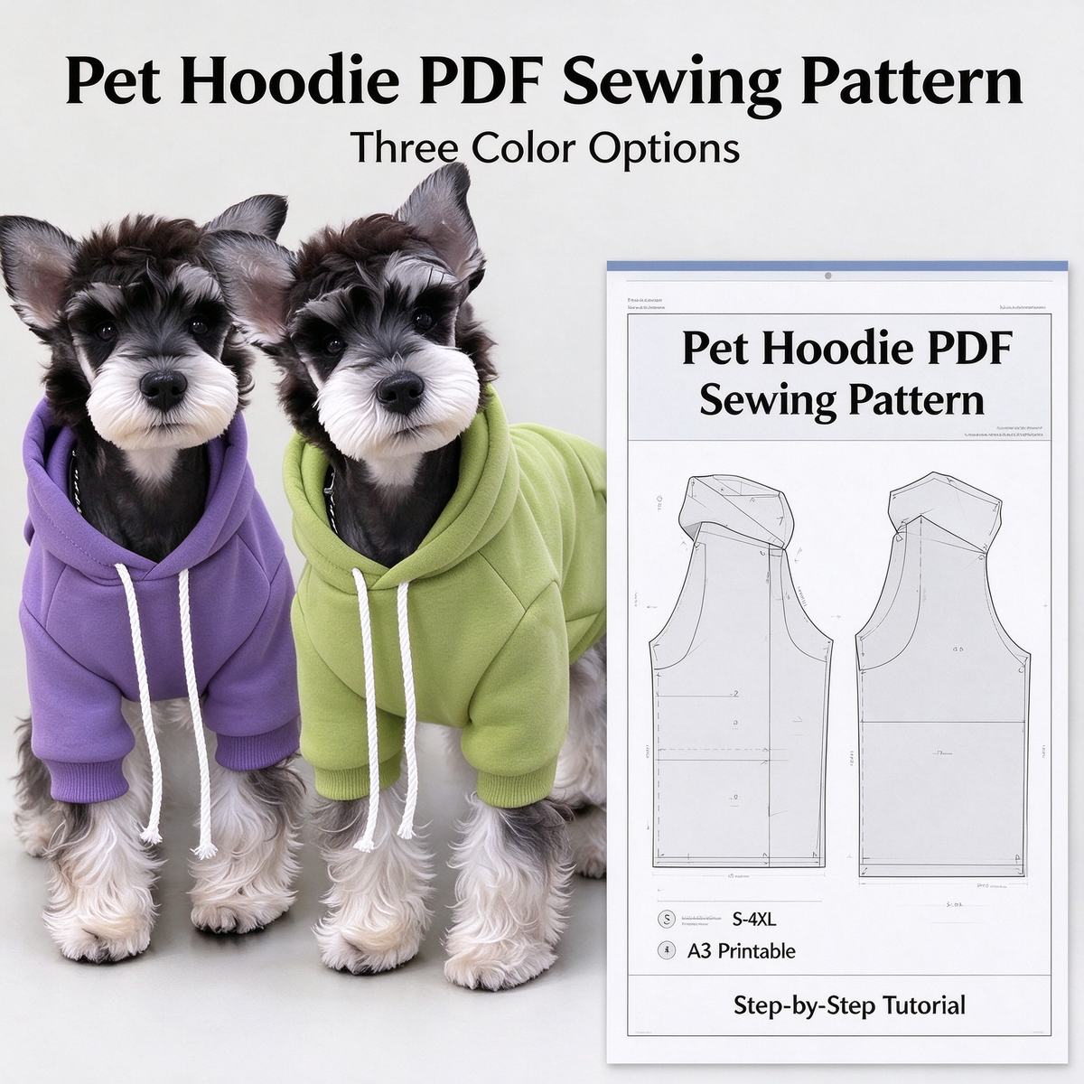 Pet Hoodie & Matching Bib PDF Sewing Pattern | S-4XL Inch Sizes, A3 Printable with Step-by-Step Sewing Tutorial