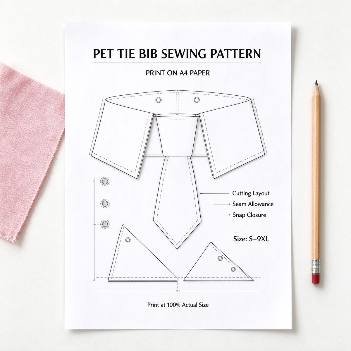 Pet Necktie Collar Bib Sewing Pattern PDF  | Dog & Cat Tie Bandana Sewing Template, S to 9XL 12 Sizes, Instant Download, Printable on A4 Paper