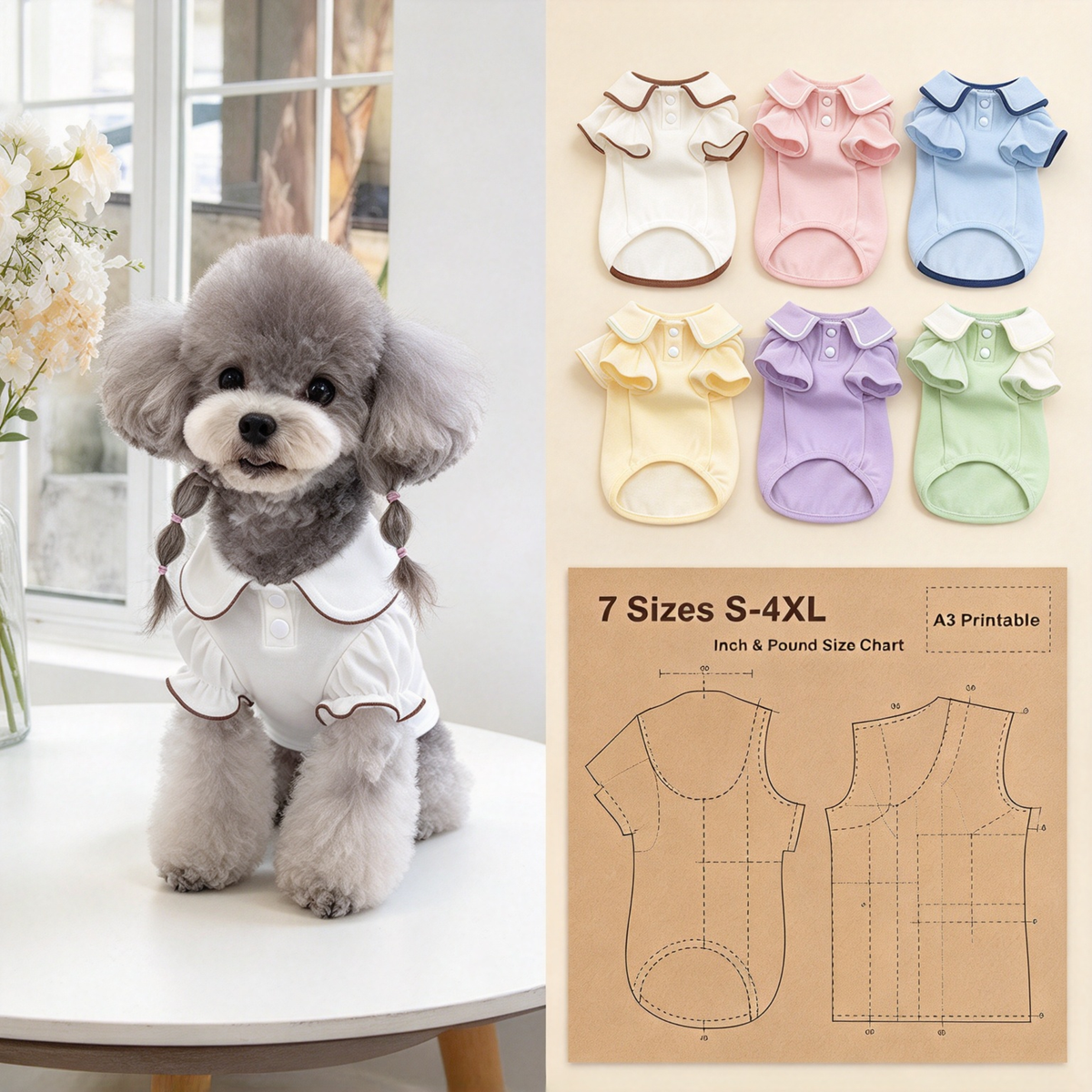 Pet Peter Pan Collar T-Shirt PDF Sewing Pattern | 7 Sizes S–XXXXL, Inch & Pound Size Chart, A3 Printable, Step-by-Step Sewing Tutorial for Dogs & Cats