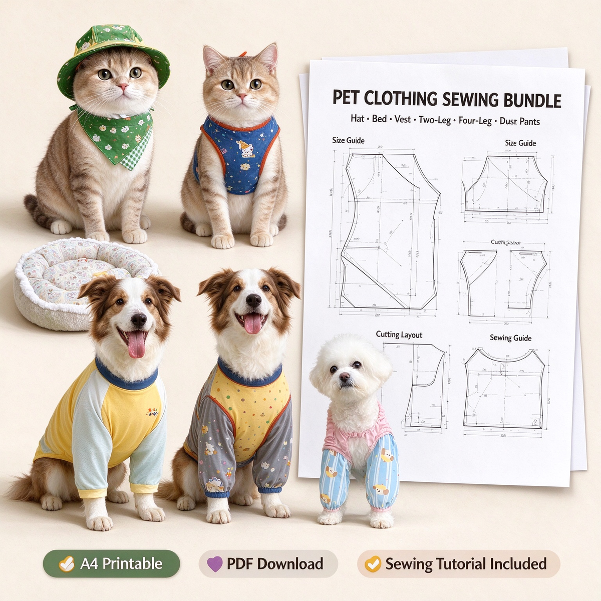 Complete Full Pet Outfit Wardrobe Bundle | Pet JK Academy Uniform + Ultimate Pet Sewing Pattern Pack | 10 Complete Styles, PDF, Full Sizes, A4 Printable, Instant Download | Hat, Bandana, Harness, 2 Pet Beds, T-Shirts, Vest, Dust Pants & Pet Dresses