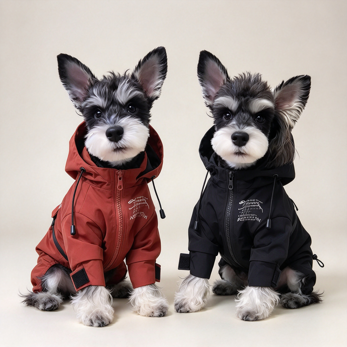 Warm waterproof dog hooded jacket for autumn & winter. Windproof pet outdoor coat with front zipper, available in XS–XXL sizes, measured in inches. Perfect for small dogs like Schnauzer, great for walking & outdoor adventures.