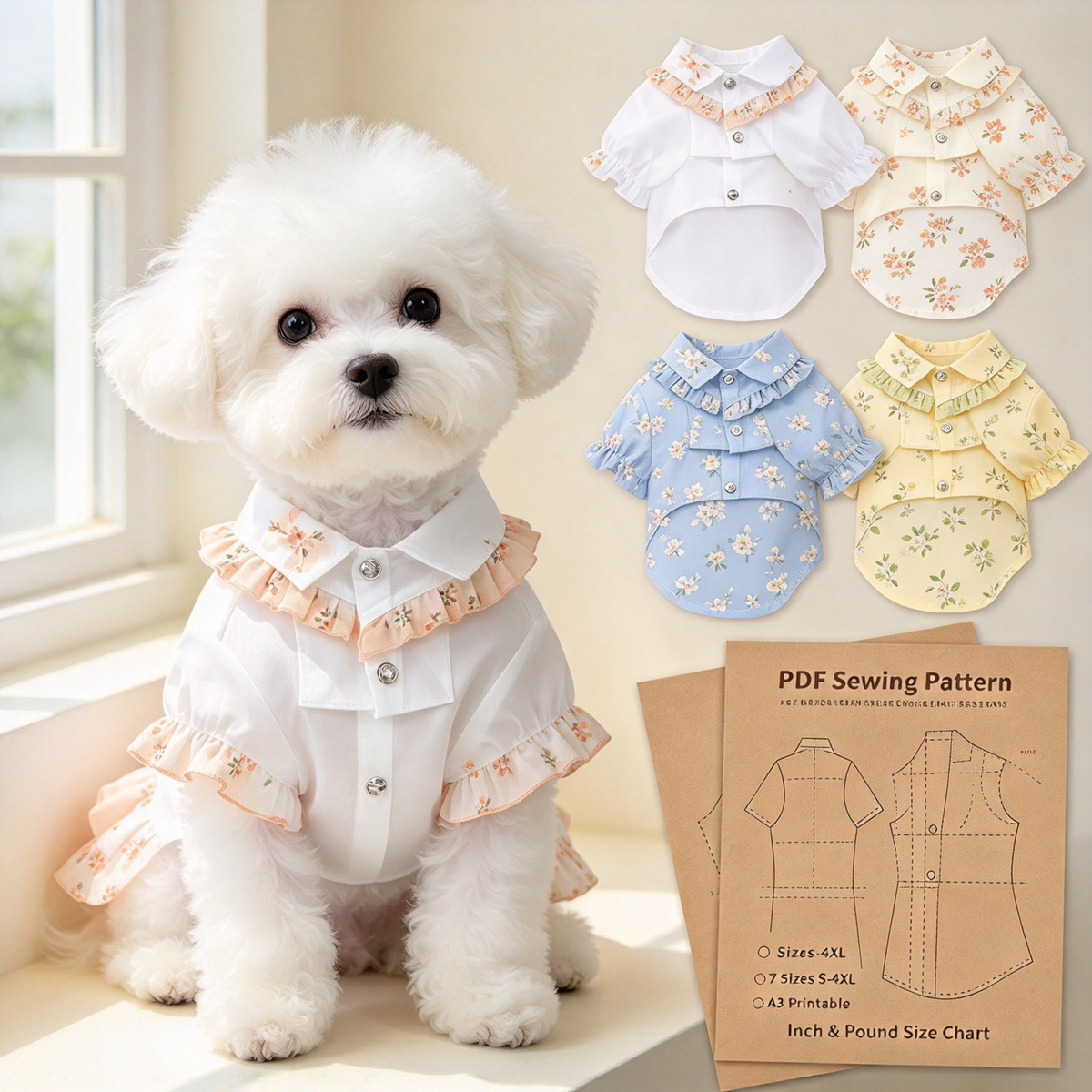 Pet Ruffle Collar Shirt PDF Sewing Pattern, 7 Sizes S–4XL, Inch & Pound Size Chart, A3 Printable, Step-by-Step Sewing Tutorial, Dog Cat Clothes Sewing Pattern