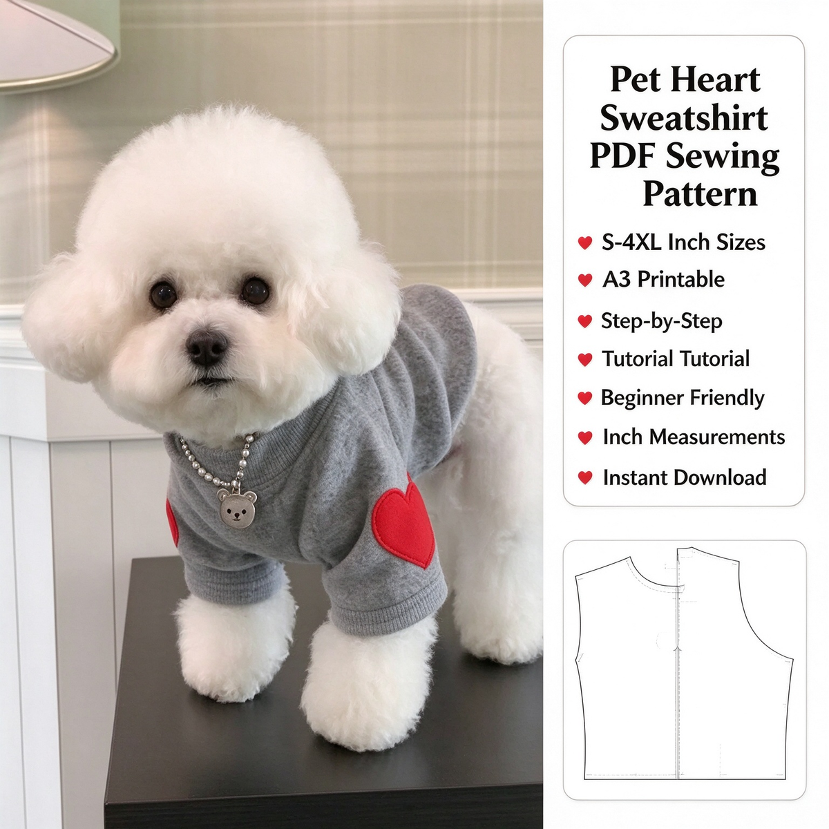 Pet Sweatshirt PDF Sewing Pattern | S-4XL Sizes, A3 Printable, Step-by-Step Sewing Tutorial, Dog Clothes Sewing Template in Inches