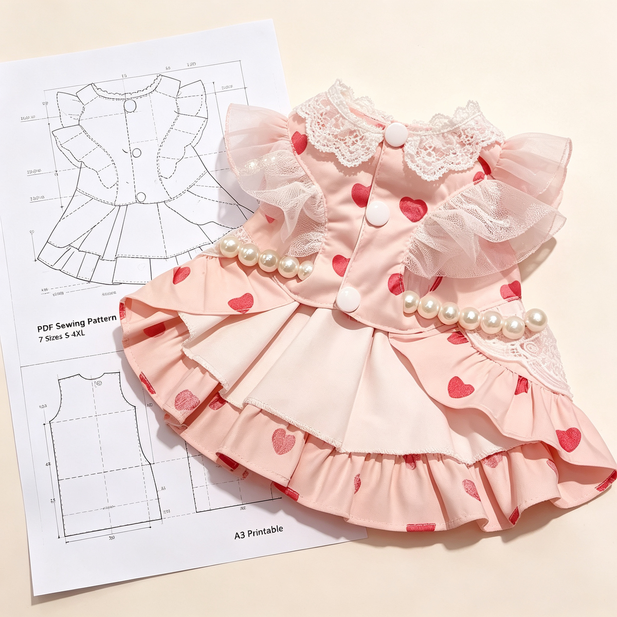 Pet Princess Dress & Bib PDF Sewing Pattern for Dogs & Cats | 7 Sizes S-4XL, Inch & Pound Size Chart, A3 Printable, Step-by-Step Sewing Tutorial, Lace Ruffle Pet Outfit Template