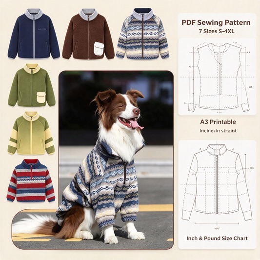 Pet Zip Jacket & Matching Bib PDF Sewing Pattern for Dogs & Cats | 7 Sizes S-4XL, Inch & Pound Size Chart, A3 Printable, Step-by-Step Sewing Tutorial, Fleece Pet Coat Template