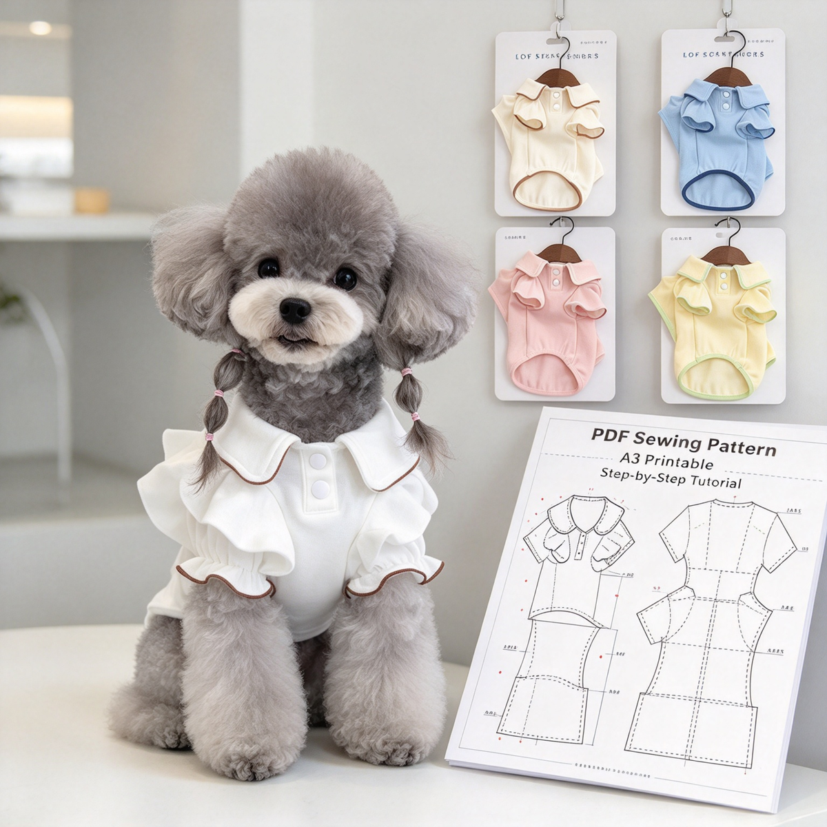 Pet Peter Pan Collar T-Shirt PDF Sewing Pattern | 7 Sizes S–XXXXL, Inch & Pound Size Chart, A3 Printable, Step-by-Step Sewing Tutorial for Dogs & Cats