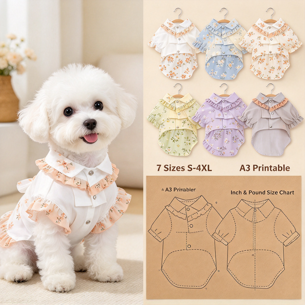 Pet Ruffle Collar Shirt PDF Sewing Pattern, 7 Sizes S–4XL, Inch & Pound Size Chart, A3 Printable, Step-by-Step Sewing Tutorial, Dog Cat Clothes Sewing Pattern