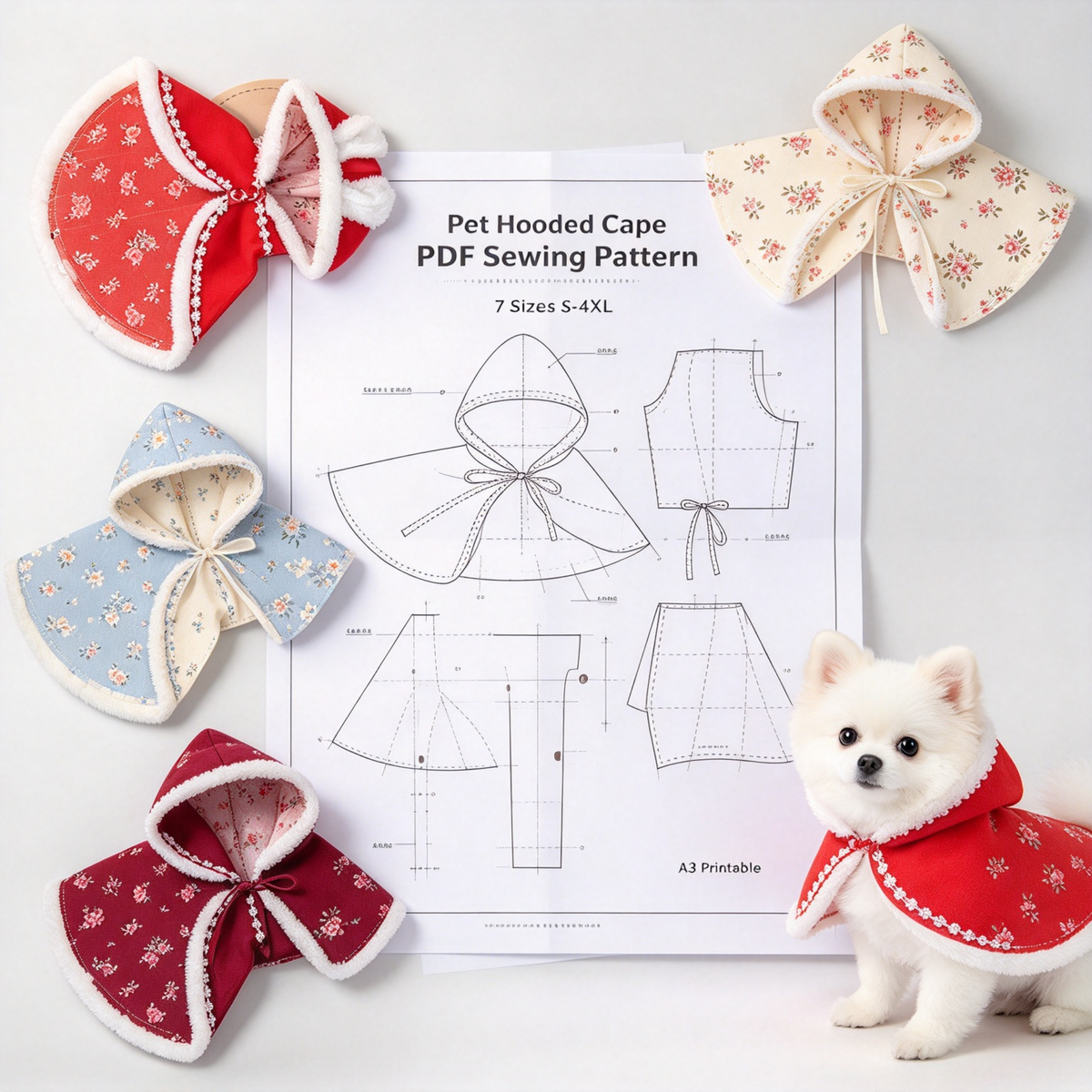 Pet Hooded Cape PDF Sewing Pattern, 7 Sizes S–4XL, Inch & Pound Size Chart, A3 Printable, Step-by-Step Sewing Tutorial, Dog Cat Clothes Sewing Pattern