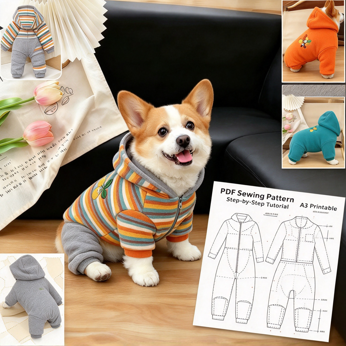Pet Hooded 4-Leg Jumpsuit & Matching Bib PDF Sewing Pattern | S-4XL, Inch & Pound Size Chart, A3 Printable, Step-by-Step Sewing Tutorial for Dogs & Cats