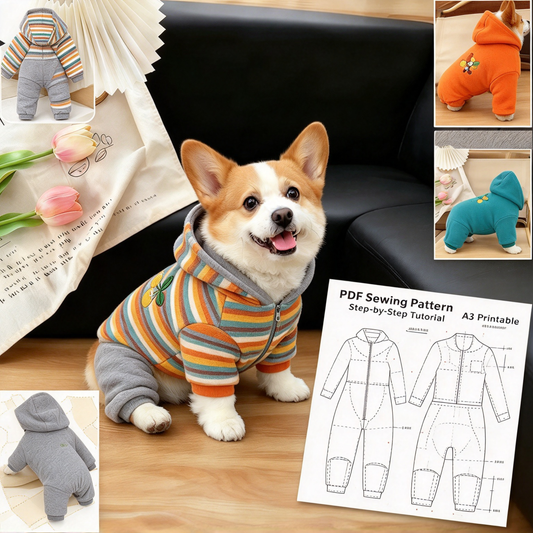 Pet Hooded 4-Leg Jumpsuit & Matching Bib PDF Sewing Pattern | S-4XL, Inch & Pound Size Chart, A3 Printable, Step-by-Step Sewing Tutorial for Dogs & Cats