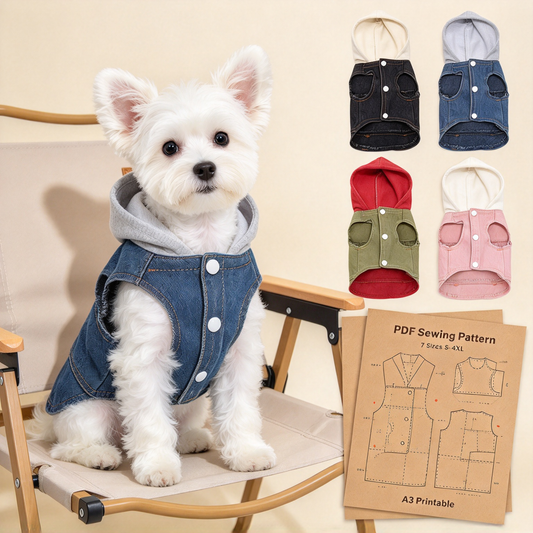 Printable PDF Sewing Pattern for Hooded Denim Pet Vest, 7 Sizes S to 4XL, A3 Paper Printing, Full Step-by-Step Sewing Tutorial Included