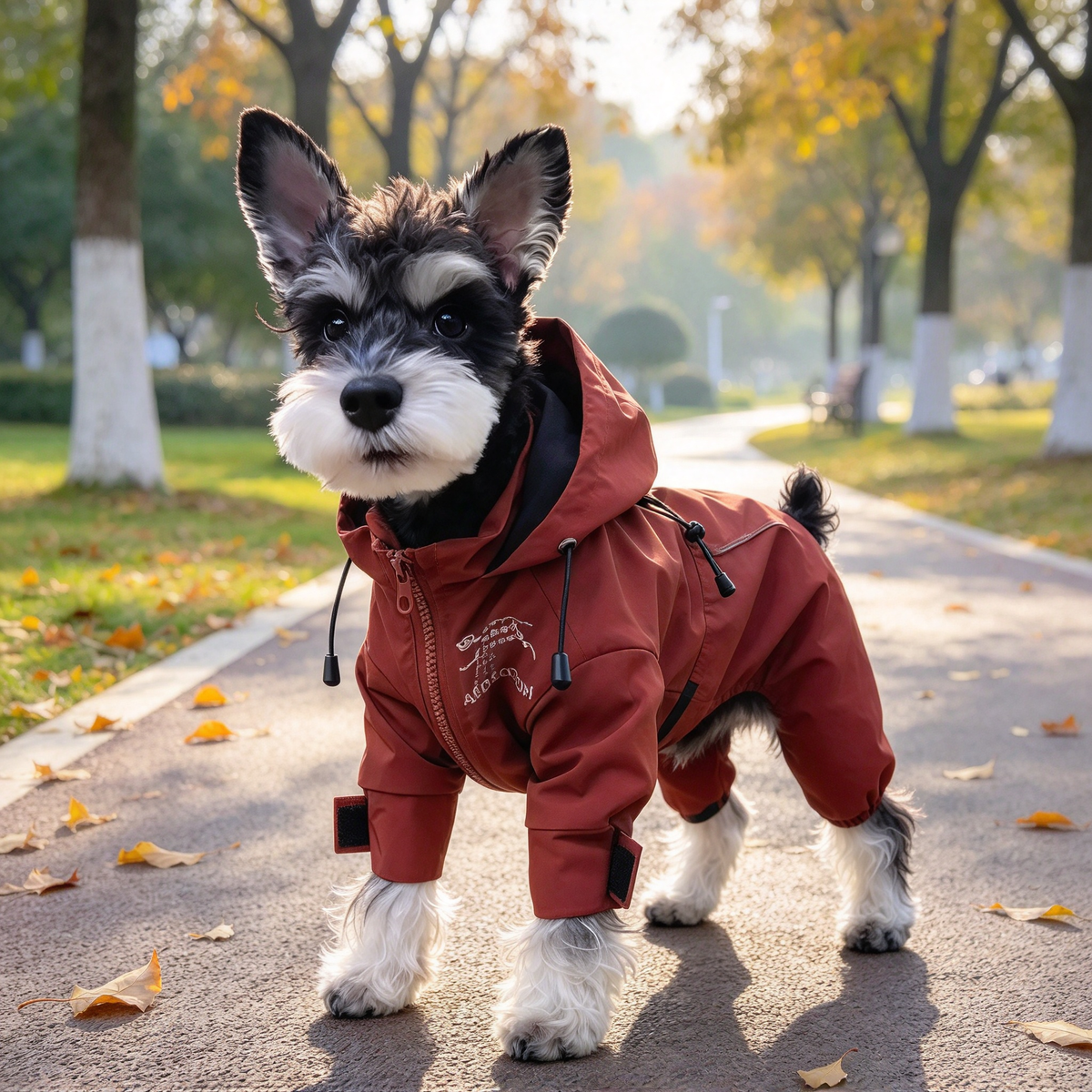 Warm waterproof dog hooded jacket for autumn & winter. Windproof pet outdoor coat with front zipper, available in XS–XXL sizes, measured in inches. Perfect for small dogs like Schnauzer, great for walking & outdoor adventures.
