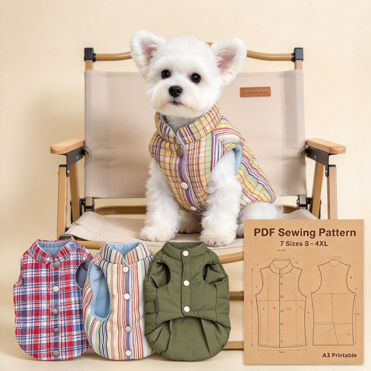 Printable PDF Sewing Pattern for Pet Vest, 7 Sizes S to 4XL, A3 Paper Printing, Full Step-by-Step Sewing Tutorial Included