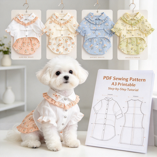 Pet Ruffle Collar Shirt PDF Sewing Pattern, 7 Sizes S–4XL, Inch & Pound Size Chart, A3 Printable, Step-by-Step Sewing Tutorial, Dog Cat Clothes Sewing Pattern