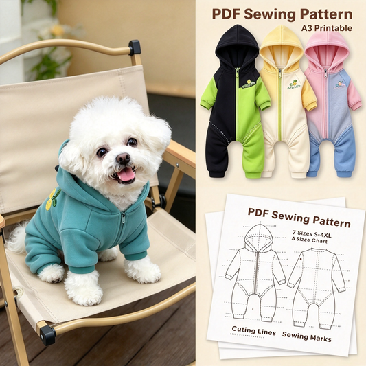 Pet Hooded 4-Leg Jumpsuit & Matching Bib PDF Sewing Pattern | S-4XL, Inch & Pound Size Chart, A3 Printable, Step-by-Step Sewing Tutorial for Dogs & Cats
