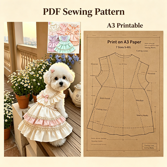 Pet Princess Dress & Bib PDF Sewing Pattern for Dogs & Cats | 7 Sizes S-4XL, Inch & Pound Size Chart, A3 Printable, Step-by-Step Sewing Tutorial, Lace Ruffle Pet Outfit Template