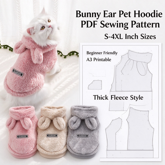 Bunny Ear Pet Hoodie & Matching Bib PDF Sewing Pattern | S-4XL Inch Sizes, A3 Printable with Step-by-Step Sewing Tutorial