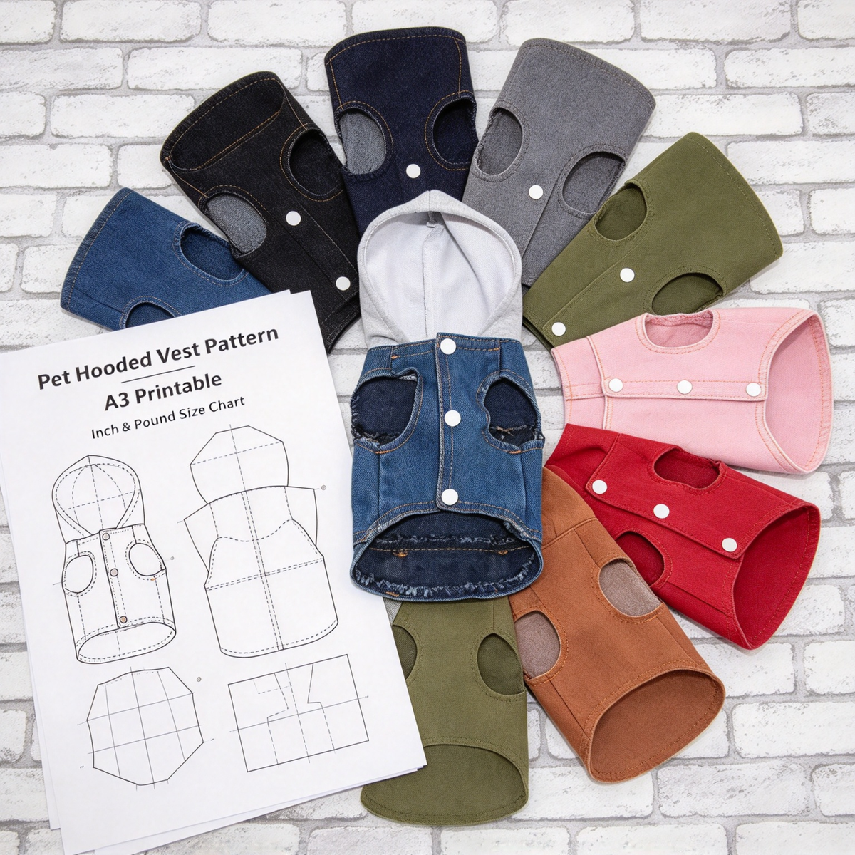 Printable PDF Sewing Pattern for Hooded Denim Pet Vest, 7 Sizes S to 4XL, A3 Paper Printing, Full Step-by-Step Sewing Tutorial Included
