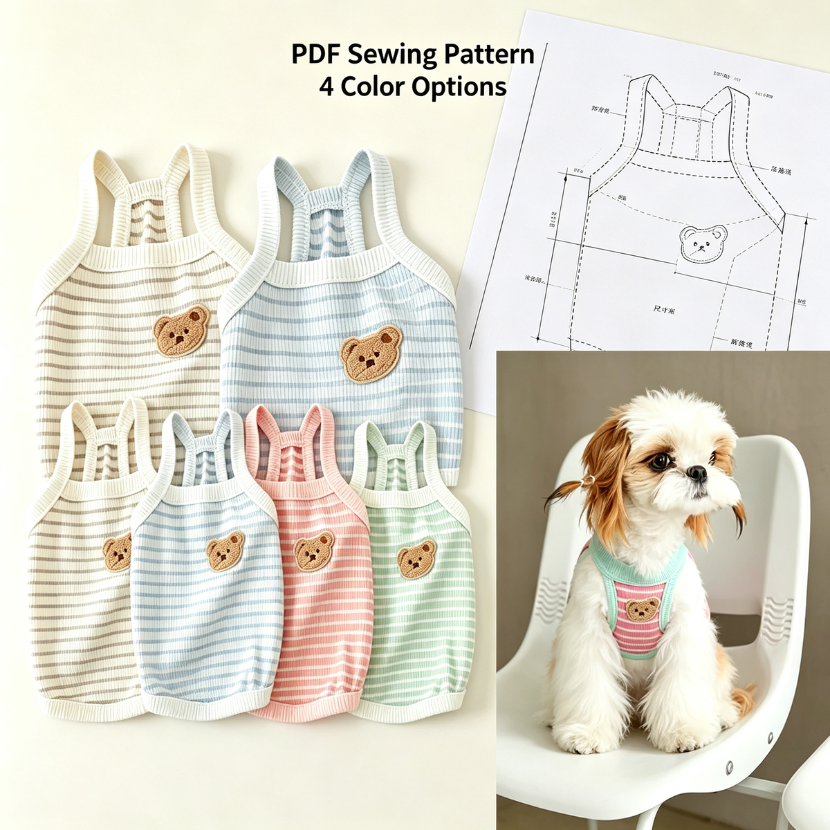 Pet Strap Tank Top Sewing Pattern | 7 Sizes S-4XL, A3 Printable PDF with Sewing Tutorial, Dog Clothes Sewing Template, Inch & Pound Size Chart