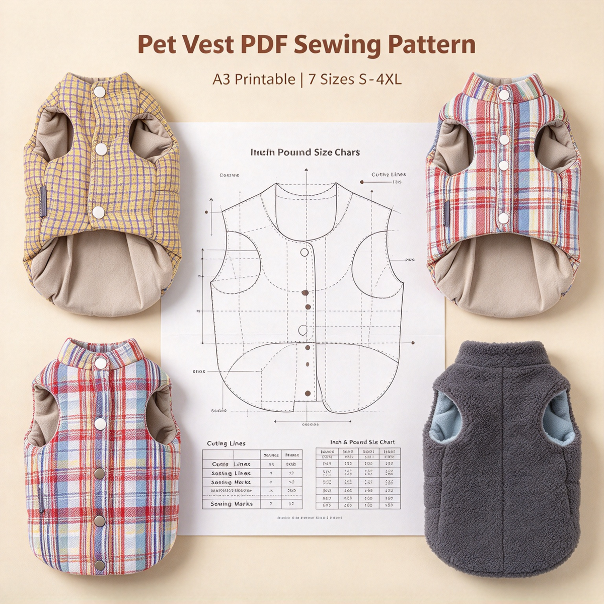 Printable PDF Sewing Pattern for Pet Vest, 7 Sizes S to 4XL, A3 Paper Printing, Full Step-by-Step Sewing Tutorial Included