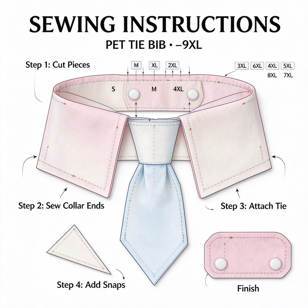 Pet Necktie Collar Bib Sewing Pattern PDF  | Dog & Cat Tie Bandana Sewing Template, S to 9XL 12 Sizes, Instant Download, Printable on A4 Paper