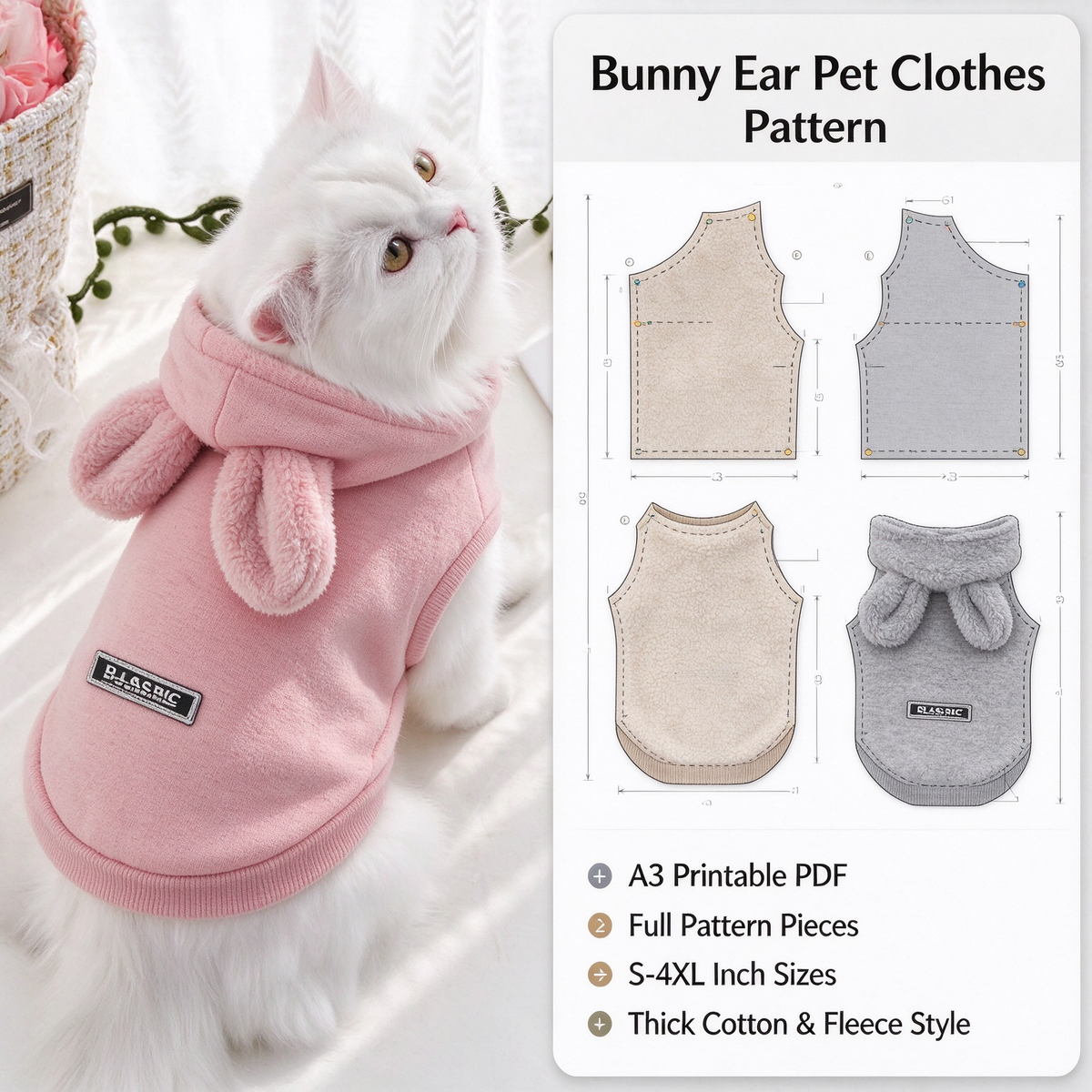 Bunny Ear Pet Hoodie & Matching Bib PDF Sewing Pattern | S-4XL Inch Sizes, A3 Printable with Step-by-Step Sewing Tutorial