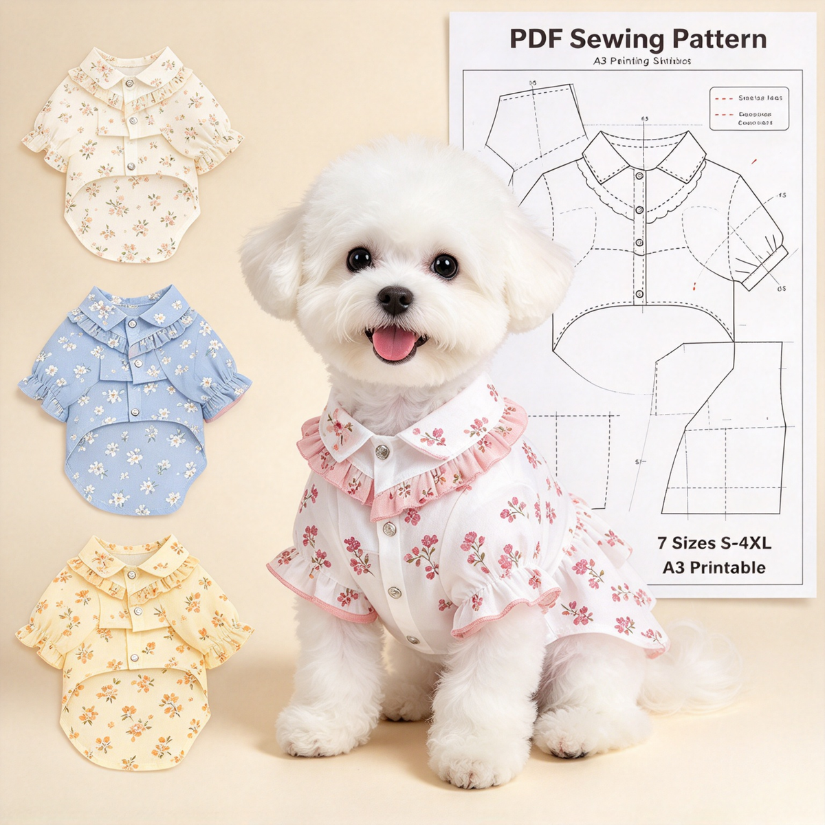 Pet Ruffle Collar Shirt PDF Sewing Pattern, 7 Sizes S–4XL, Inch & Pound Size Chart, A3 Printable, Step-by-Step Sewing Tutorial, Dog Cat Clothes Sewing Pattern