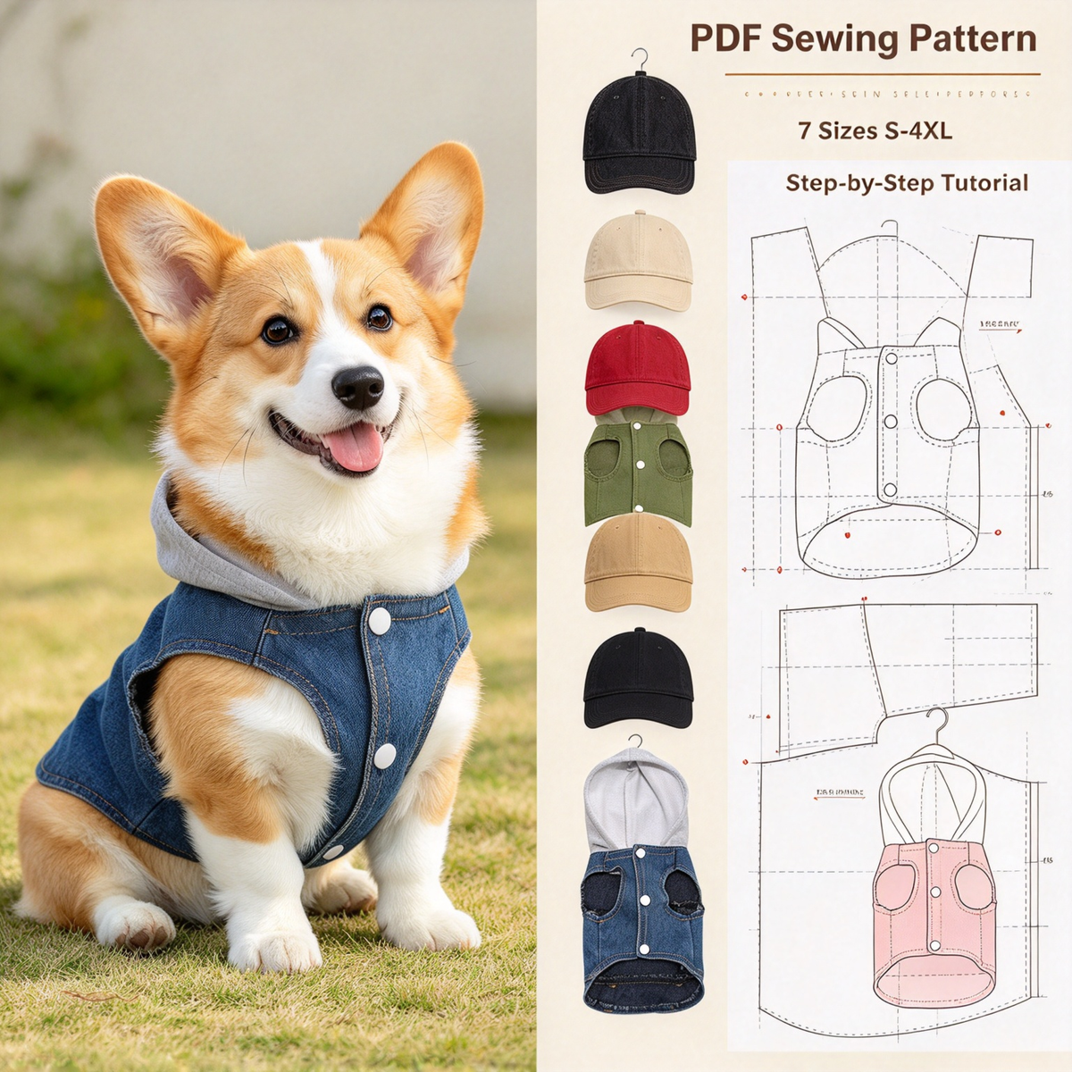 Printable PDF Sewing Pattern for Hooded Denim Pet Vest, 7 Sizes S to 4XL, A3 Paper Printing, Full Step-by-Step Sewing Tutorial Included