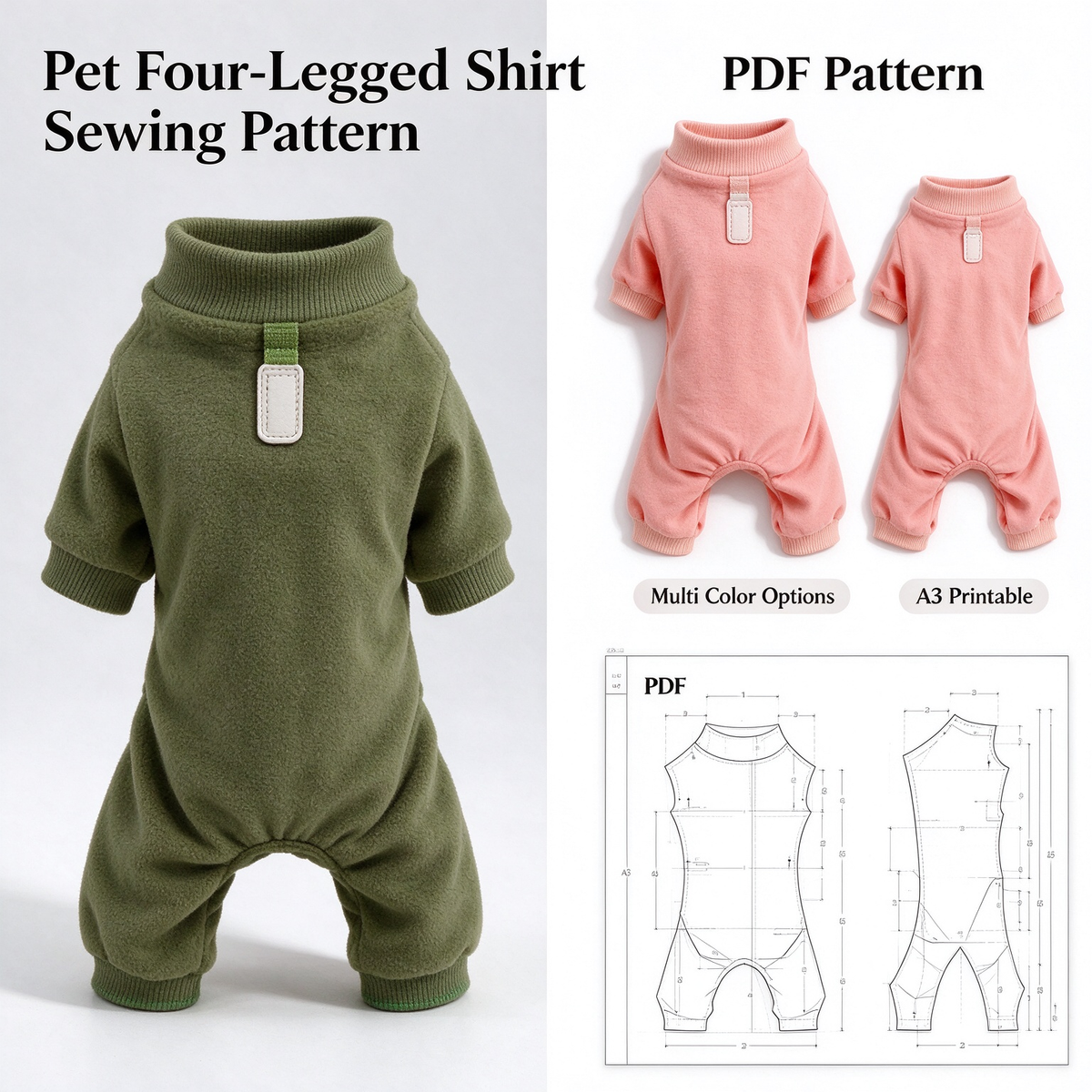 Dog Jumpsuit Bib Combo PDF Sewing Pattern | S-4XL Inch Sizes, A3 Printable with Step-by-Step Sewing Tutorial