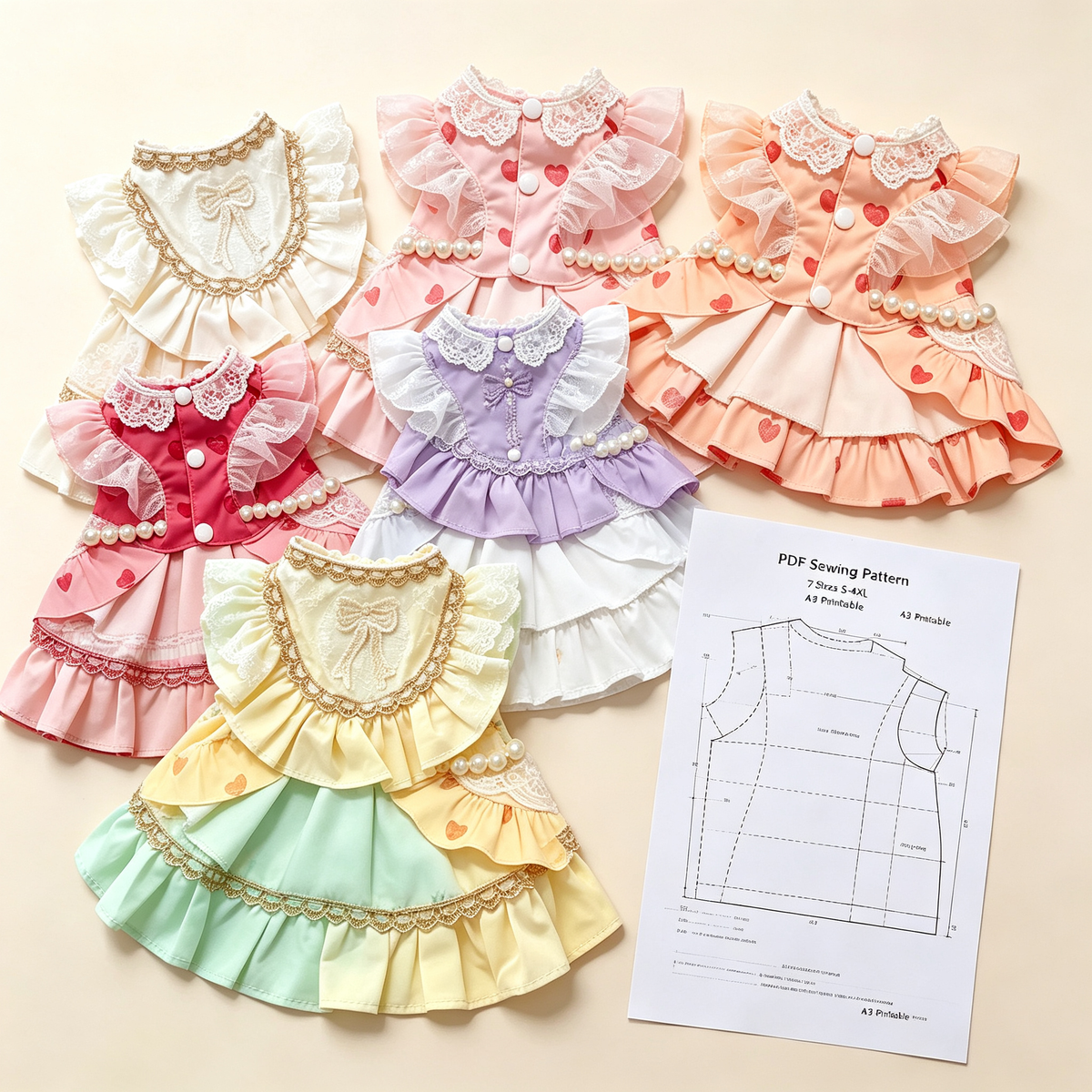 Pet Princess Dress & Bib PDF Sewing Pattern for Dogs & Cats | 7 Sizes S-4XL, Inch & Pound Size Chart, A3 Printable, Step-by-Step Sewing Tutorial, Lace Ruffle Pet Outfit Template