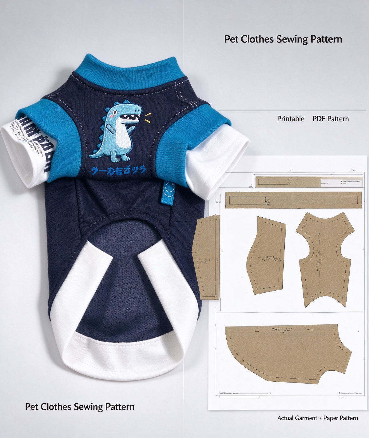PDF Dog Fake Two-Piece Outfit Sewing Pattern S-4XL | A3 Printable With Sewing Instructions