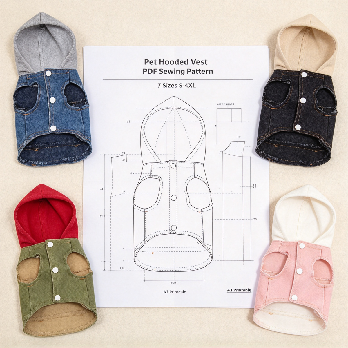 Printable PDF Sewing Pattern for Hooded Denim Pet Vest, 7 Sizes S to 4XL, A3 Paper Printing, Full Step-by-Step Sewing Tutorial Included