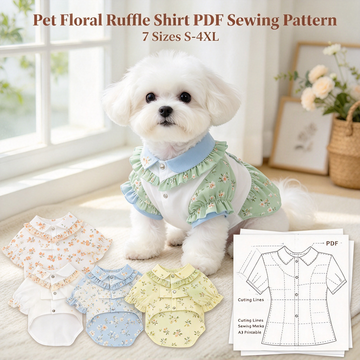 Pet Ruffle Collar Shirt PDF Sewing Pattern, 7 Sizes S–4XL, Inch & Pound Size Chart, A3 Printable, Step-by-Step Sewing Tutorial, Dog Cat Clothes Sewing Pattern