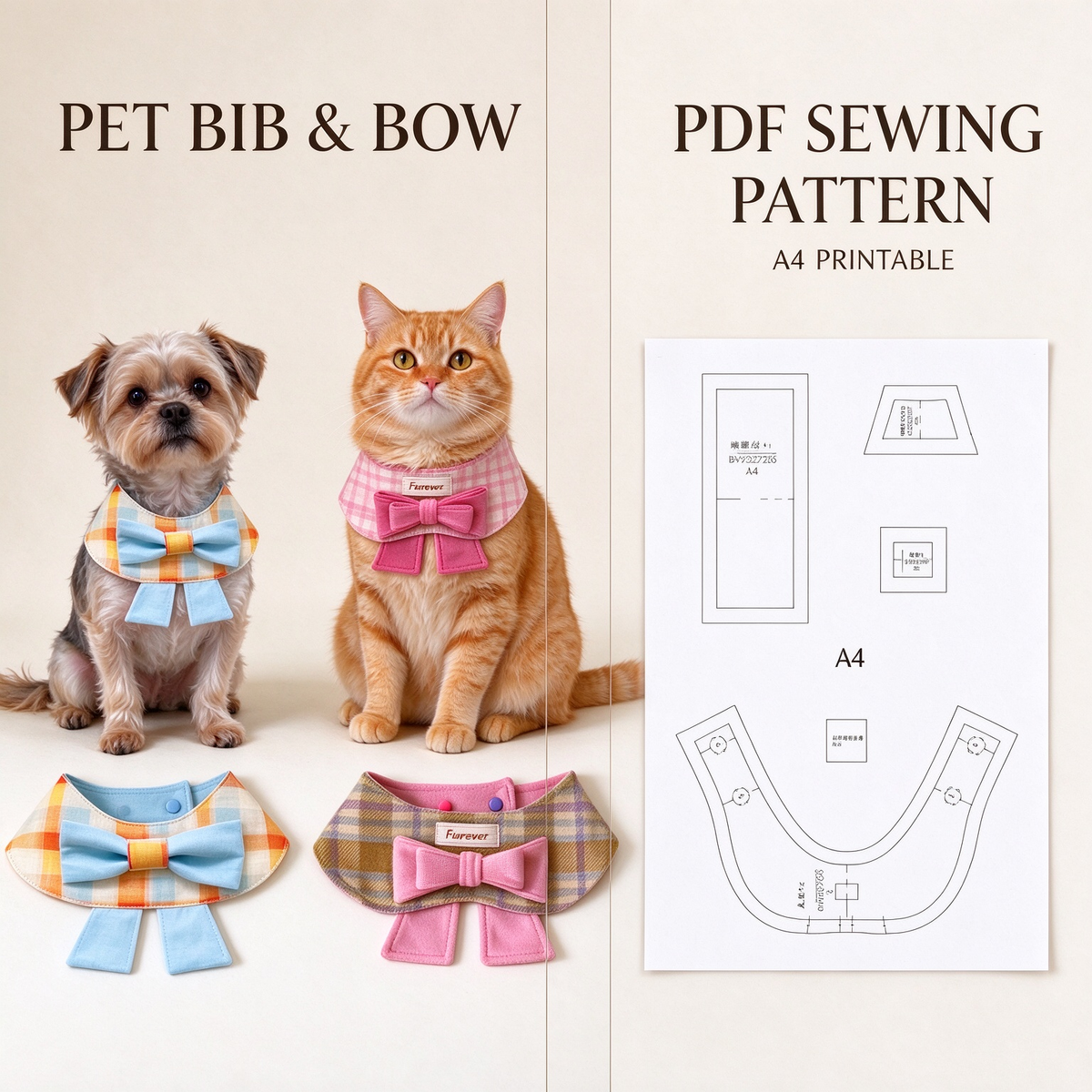Pet Bow Tie Cape Bib Sewing Pattern PDF with Sewing Tutorial | Dog & Cat Bandana Collar Sewing Template, XS to 5XL Multi Sizes, Instant Download Printable Sewing Pattern