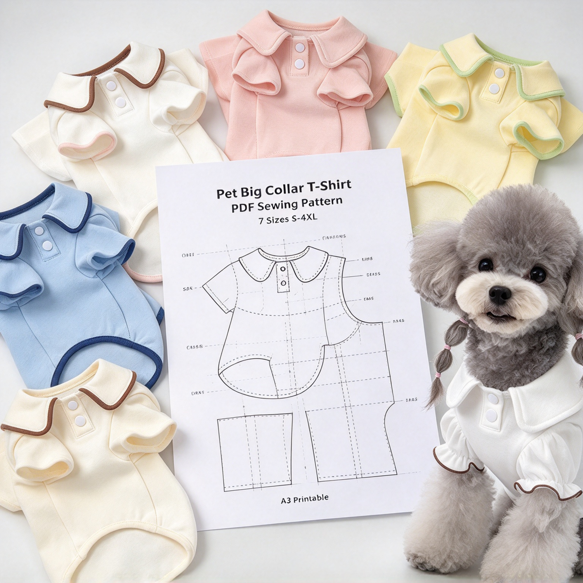 Pet Peter Pan Collar T-Shirt PDF Sewing Pattern | 7 Sizes S–XXXXL, Inch & Pound Size Chart, A3 Printable, Step-by-Step Sewing Tutorial for Dogs & Cats