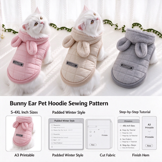 Bunny Ear Pet Hoodie & Matching Bib PDF Sewing Pattern | S-4XL Inch Sizes, A3 Printable with Step-by-Step Sewing Tutorial