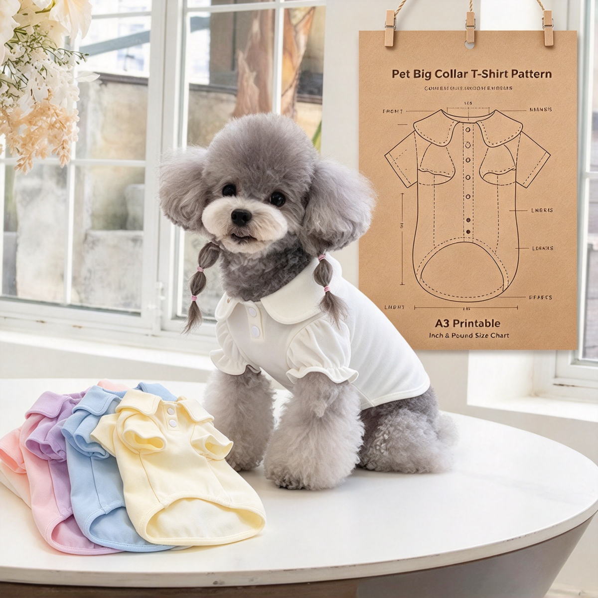 Pet Peter Pan Collar T-Shirt PDF Sewing Pattern | 7 Sizes S–XXXXL, Inch & Pound Size Chart, A3 Printable, Step-by-Step Sewing Tutorial for Dogs & Cats