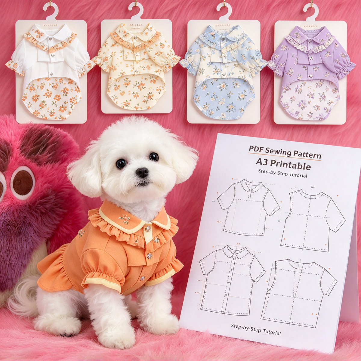 Pet Ruffle Collar Shirt PDF Sewing Pattern, 7 Sizes S–4XL, Inch & Pound Size Chart, A3 Printable, Step-by-Step Sewing Tutorial, Dog Cat Clothes Sewing Pattern