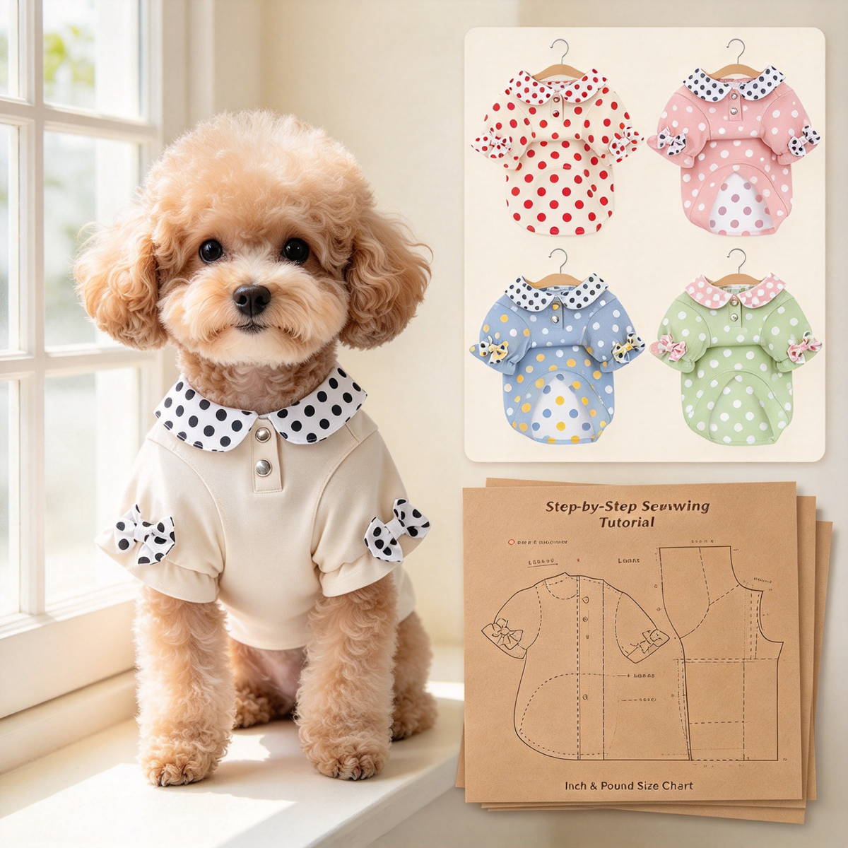 Pet Peter Pan Collar T-Shirt PDF Sewing Pattern | 7 Sizes S–XXXXL, Inch & Pound Size Chart, A3 Printable, Step-by-Step Sewing Tutorial for Dogs & Cats